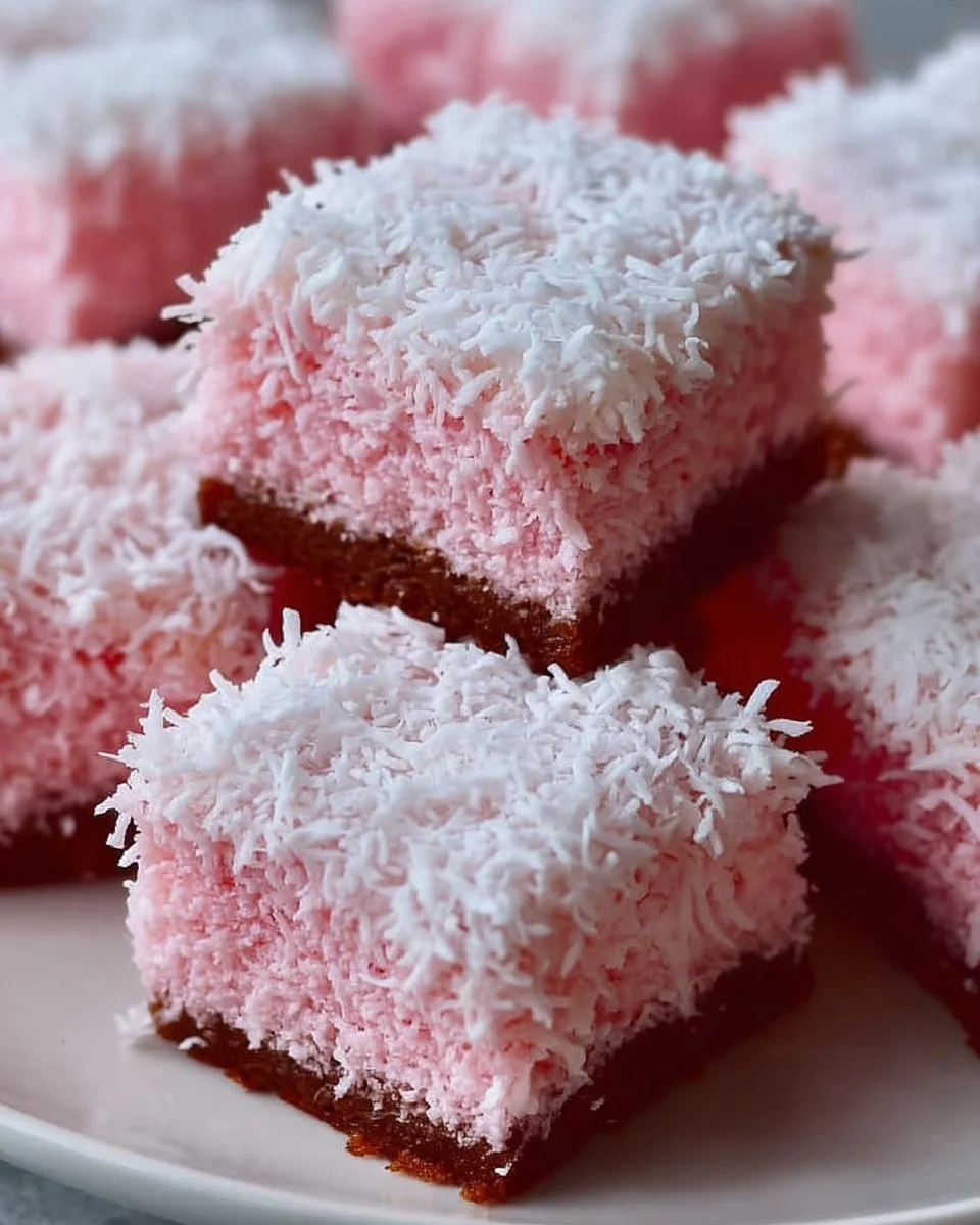 Pink Coconut Snowball Cake Bars garnished with coconut flakes on a dessert plate.