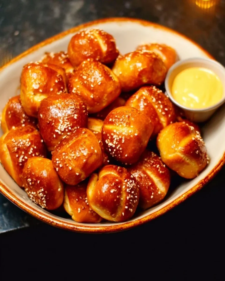 Delicious homemade pretzel bites served with mustard and cheese dip