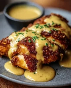 Pretzel chicken served with a savory mustard-cheddar sauce.