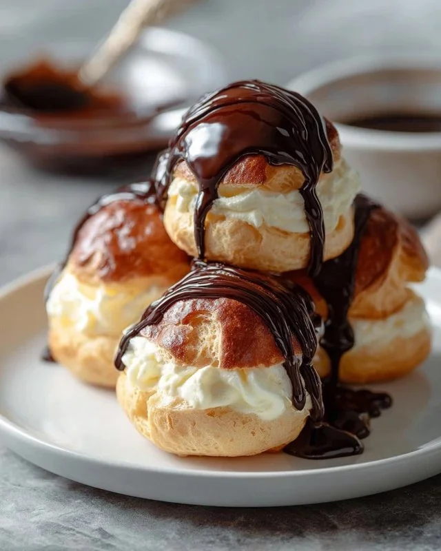 Delicious chocolate-drizzled profiteroles filled with cream on a plate