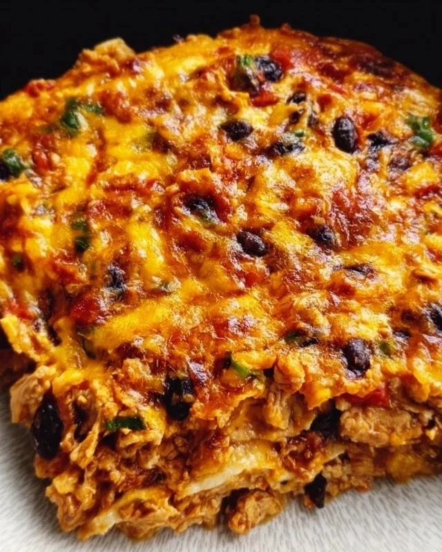 Delicious protein burrito casserole served in a colorful dish