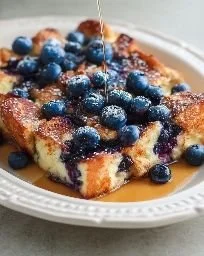 Blueberry French Toast Casserole baked in a dish, topped with fresh blueberries.