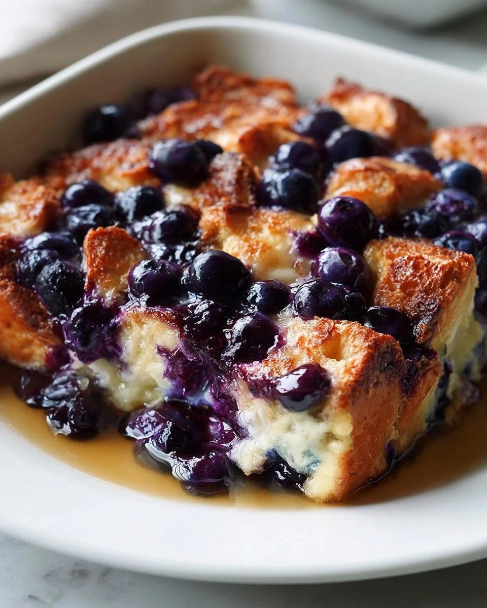 Quick Blueberry French Toast Casserole topped with fresh blueberries