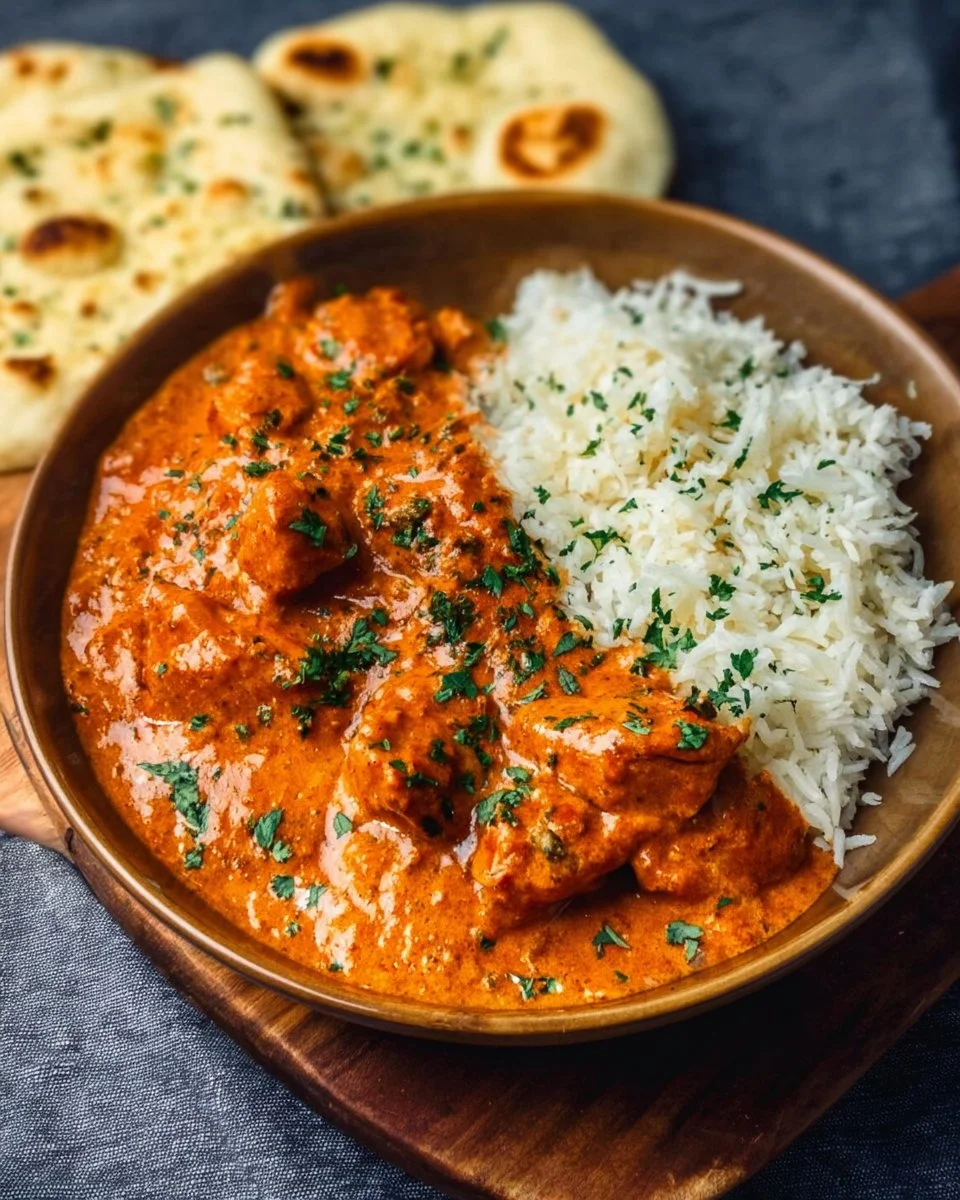 Delicious homemade butter chicken served with rice and garnished with cilantro.