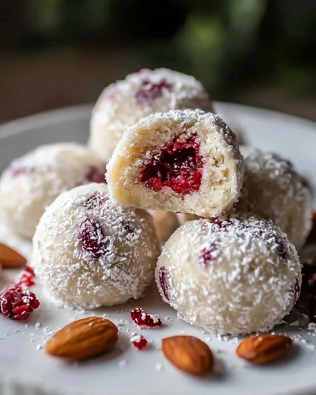 Delicious Raspberry Almond Snowball Cookies on a plate with powdered sugar.