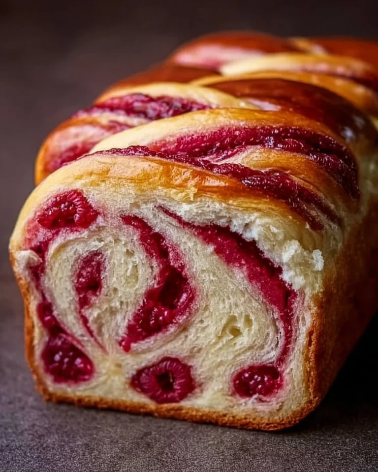 Raspberry Swirl Brioche Loaf fresh out of the oven, showcasing its sweet swirl and fluffy texture.