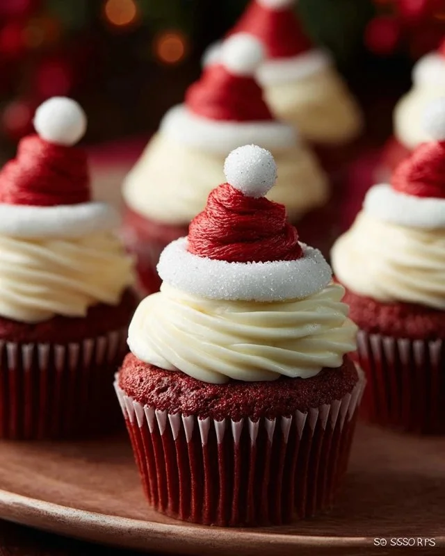 Red Velvet Santa Hat Cupcakes decorated for holiday celebrations