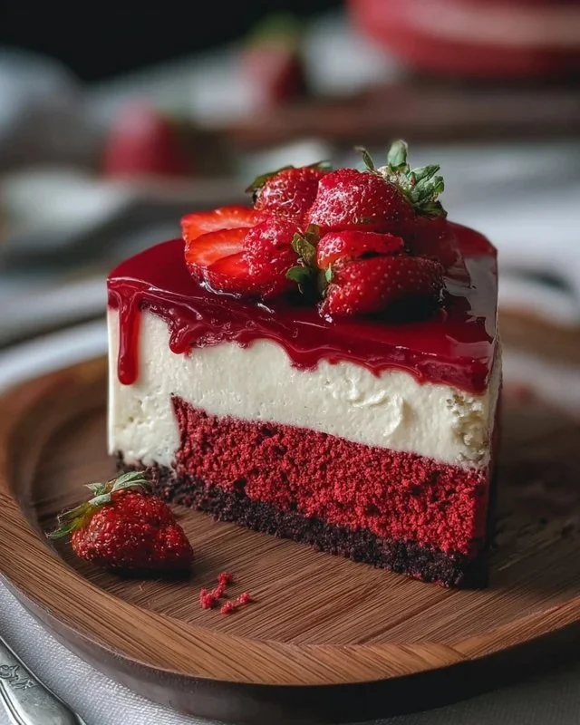 Red Velvet Strawberry Cheesecake topped with fresh strawberries and whipped cream