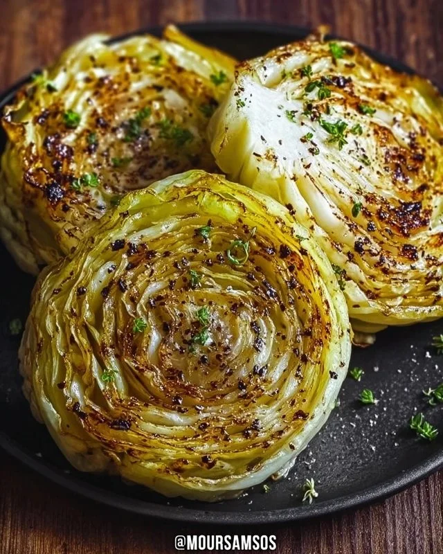 Roasted cabbage steaks seasoned and ready to serve for a healthy meal