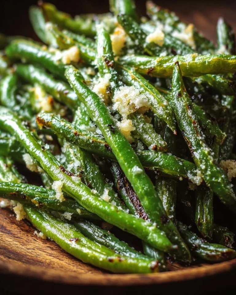 Roasted green beans with garlic and parmesan on a plate, ready to serve.