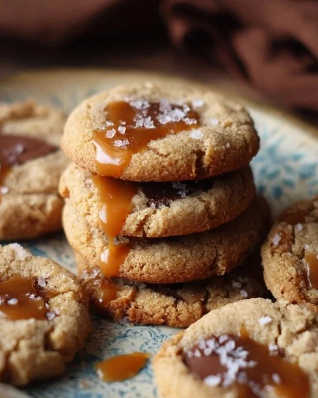 Delicious salted caramel cookies on a plate with chocolate drizzle