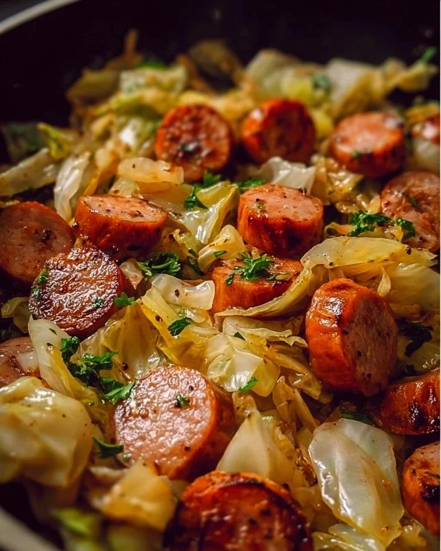 Delicious sausage and cabbage stir fry with colorful vegetables