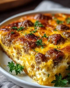 Delicious Sausage and Egg Casserole baked with herbs and cheese