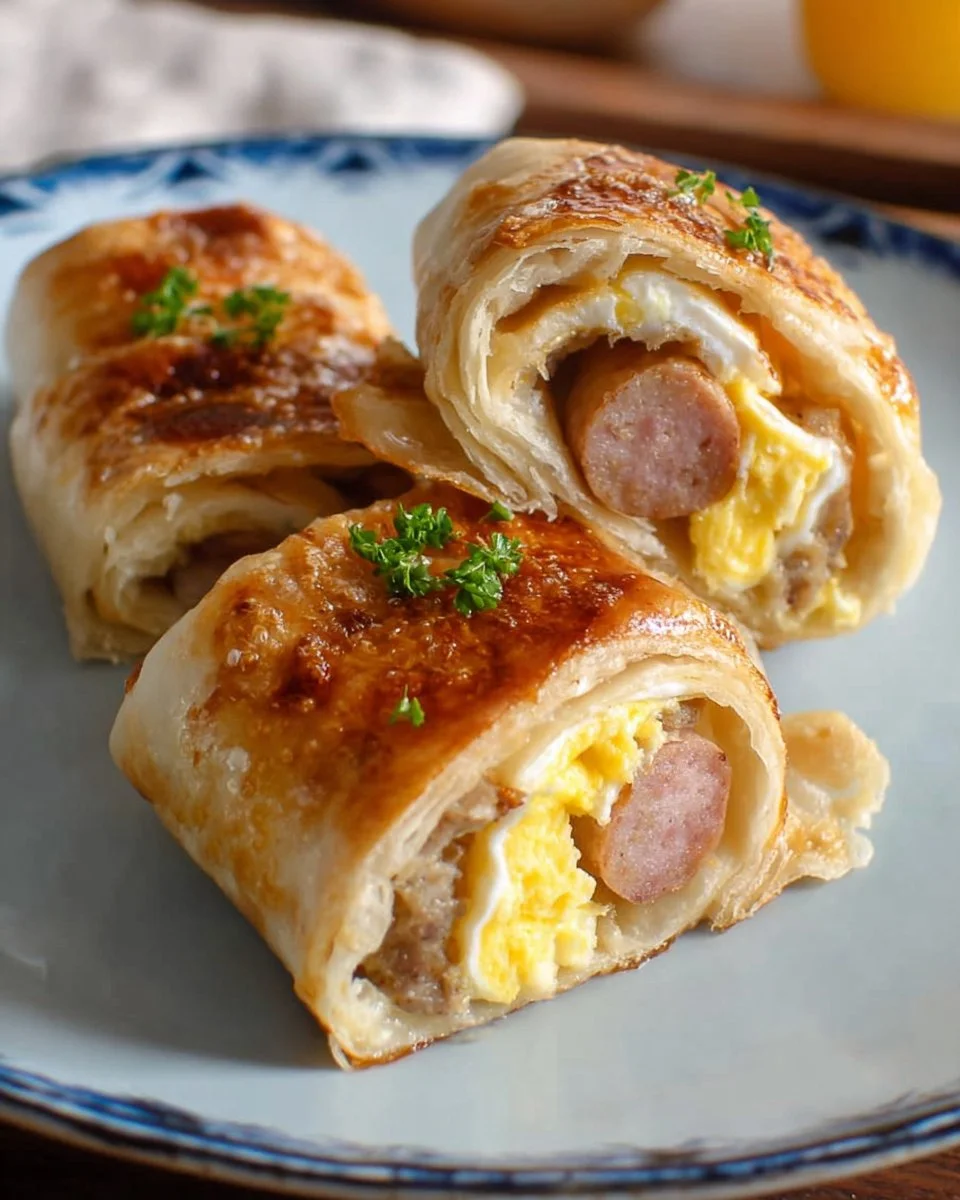 Sausage Egg Breakfast Roll-Ups served on a plate, ready for a quick morning meal.