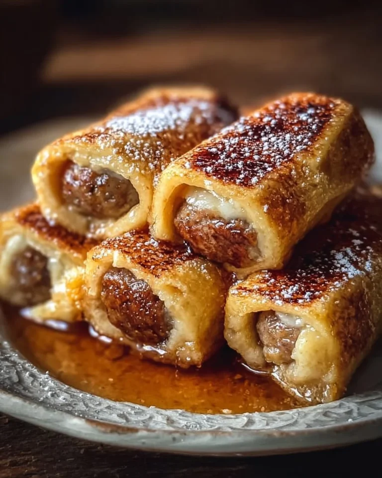 Sausage French Toast Roll-Ups served on a plate with syrup