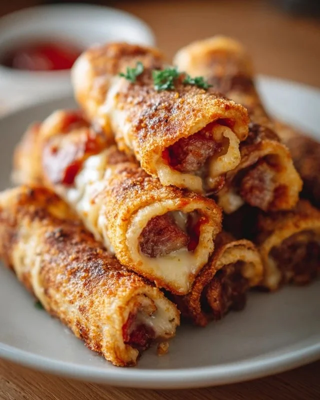 Sausage French Toast Roll-Ups served on a plate with syrup and berries.