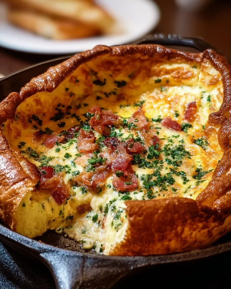 Savory Cheddar Bacon Dutch Baby served in a skillet topped with herbs