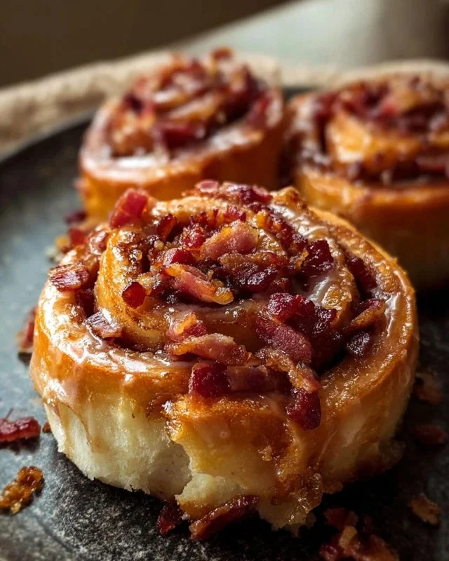 Delicious maple bacon cinnamon rolls with crispy bacon and cinnamon sugar glaze.