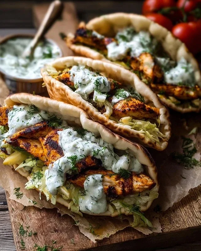 Sheet pan chicken pitas with herby ranch sauce on a plate.