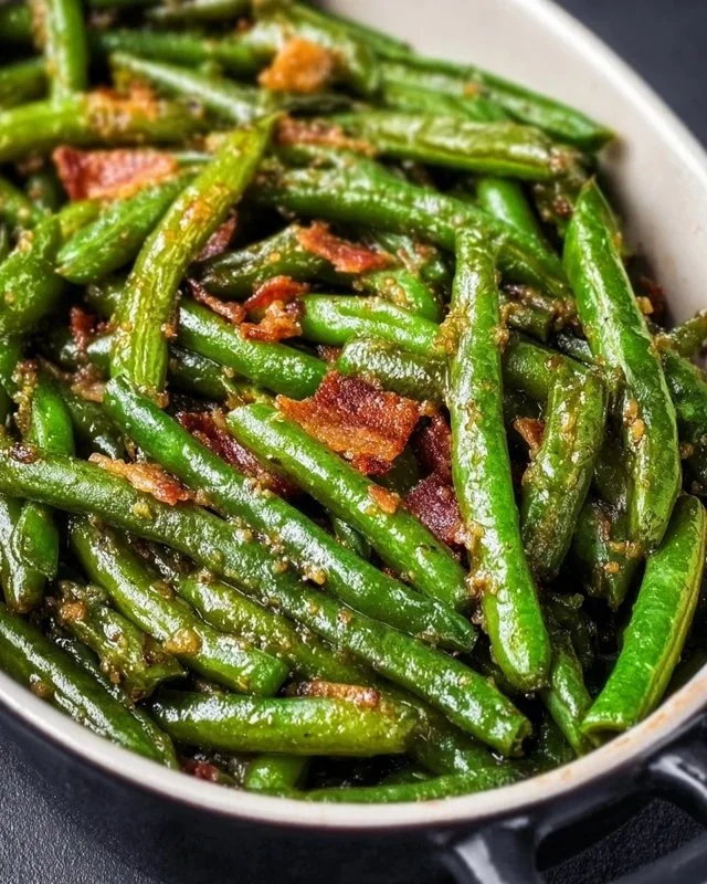 Plate of simple sautéed green beans with garlic and seasoning