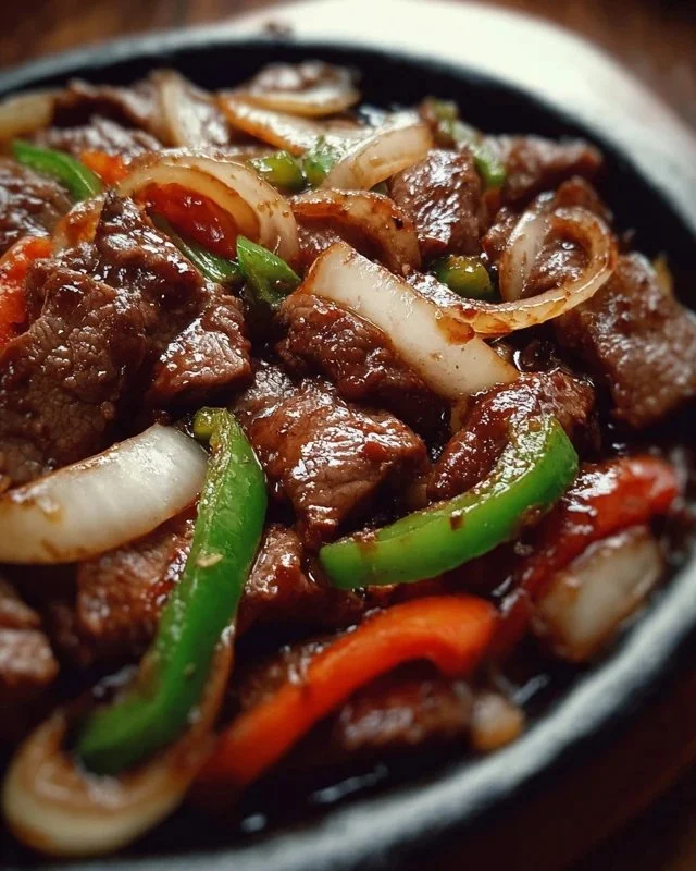 Sizzling Chinese pepper steak with onions on a plate