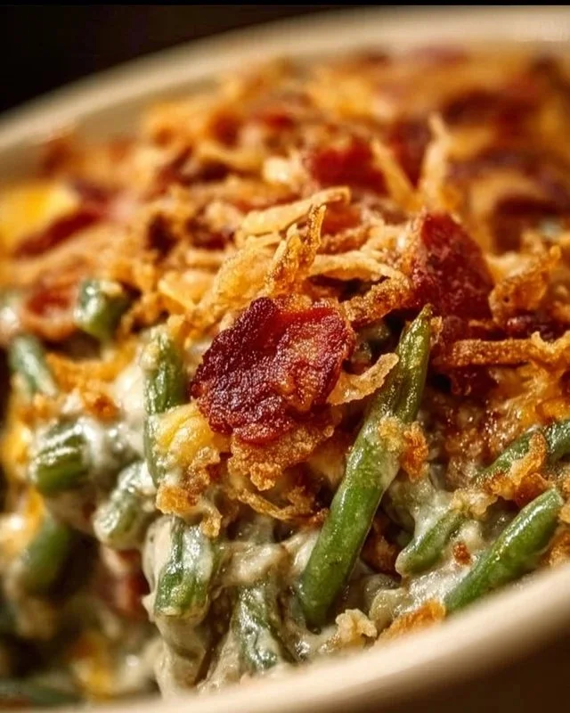 Slow cooker bacon cheese green bean casserole in a serving dish