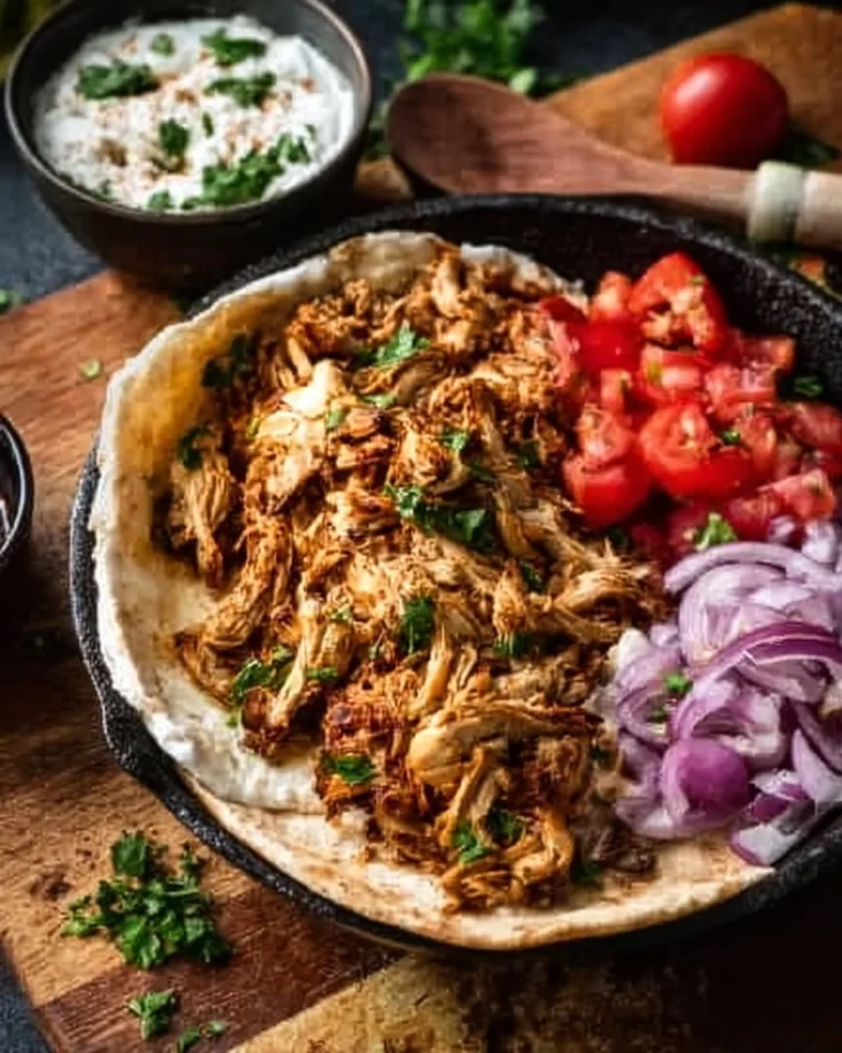 Slow Cooker Chicken Shawarma ready to serve with herbs and spices