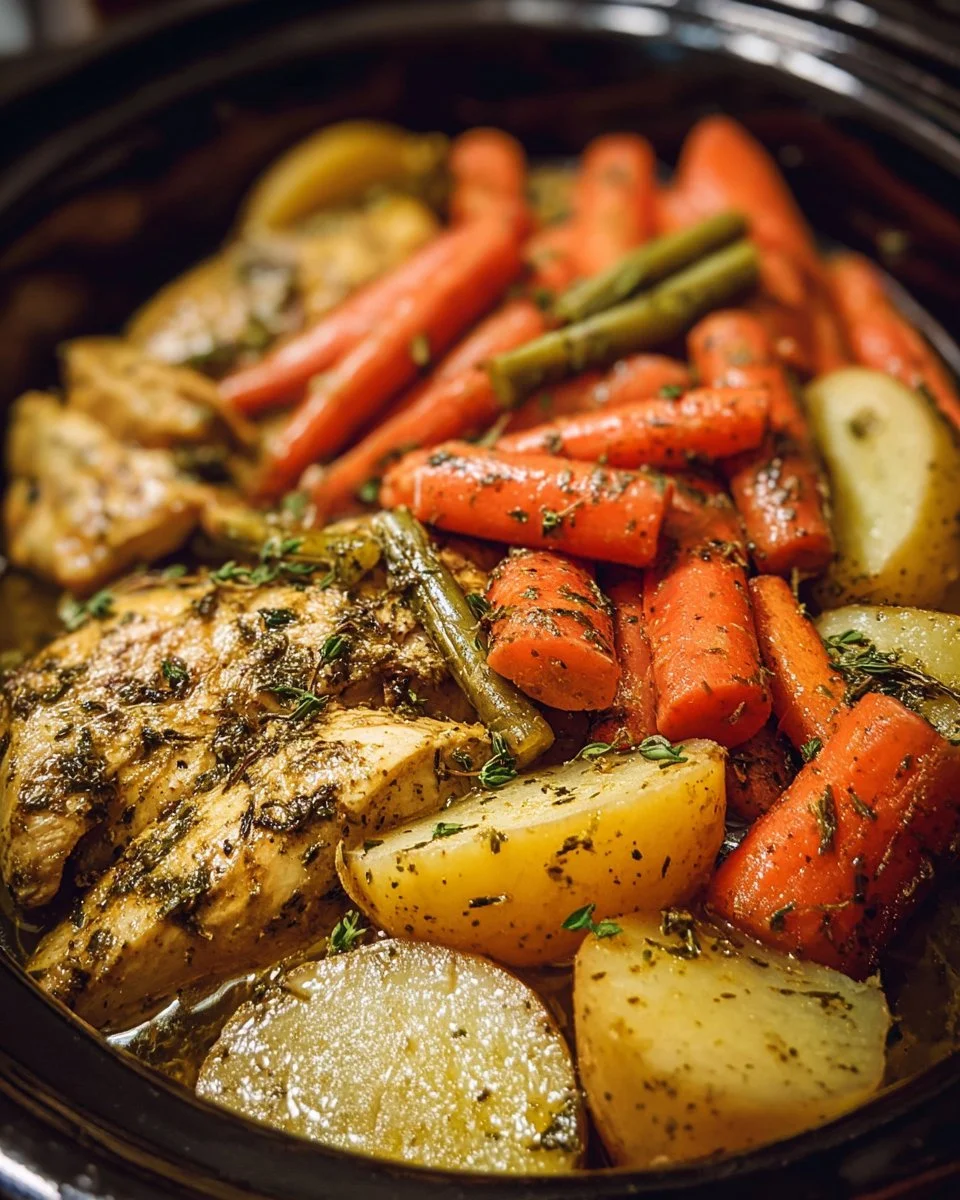 Slow cooker garlic butter chicken with vegetables served in a bowl