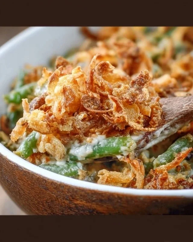 Slow Cooker Green Bean Casserole with crispy toppings