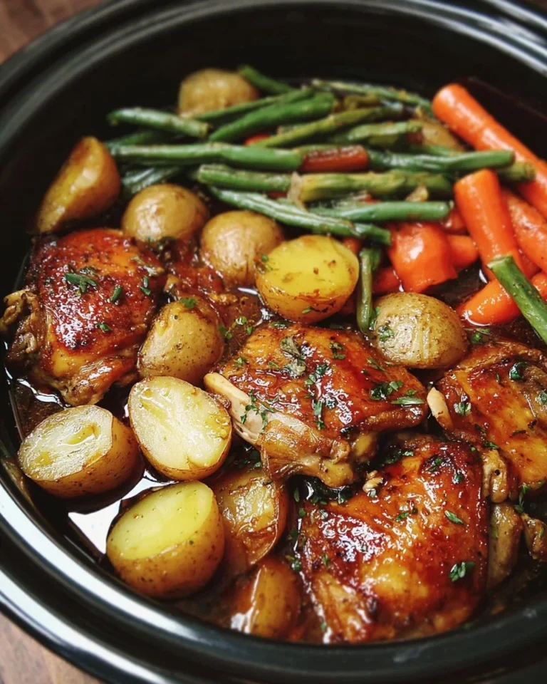 Slow cooker honey garlic chicken served with fresh vegetables