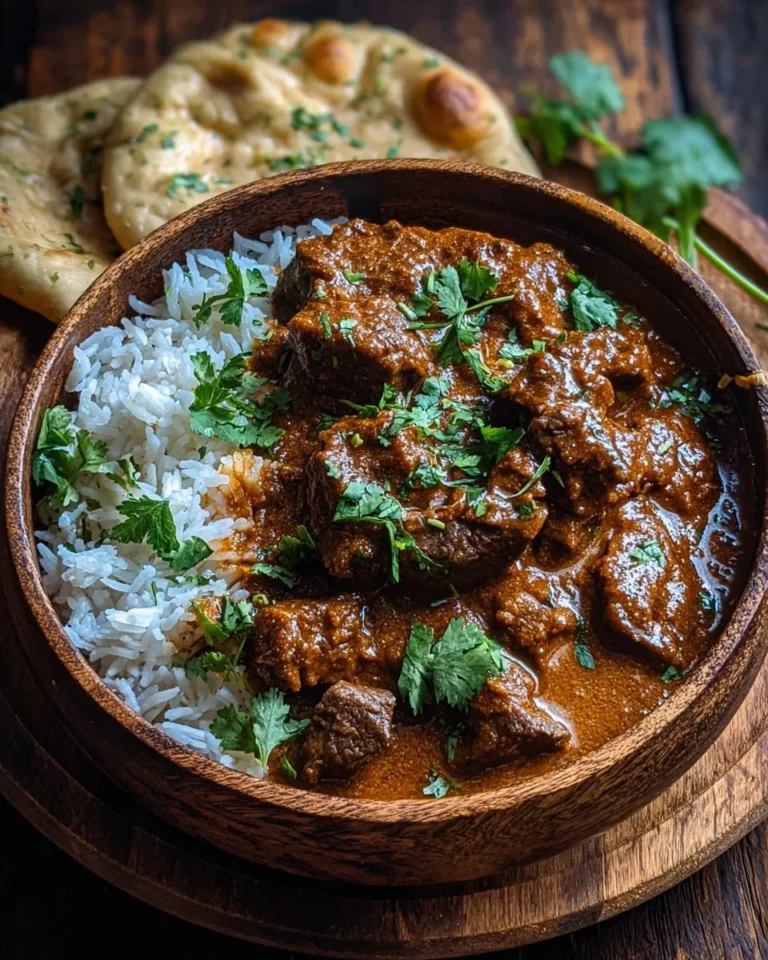 Slow cooker Indian beef curry served in a bowl with rice and fresh herbs