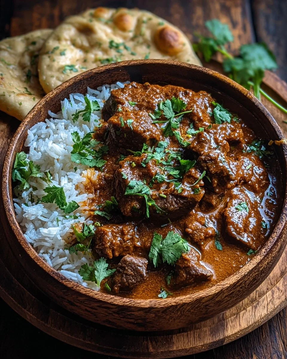 Slow cooker Indian beef curry served in a bowl with rice and fresh herbs