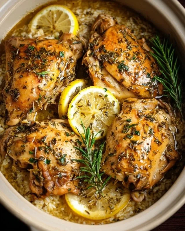 Slow Cooker Lemon Herb Chicken served on a plate with herbs and lemon slices.