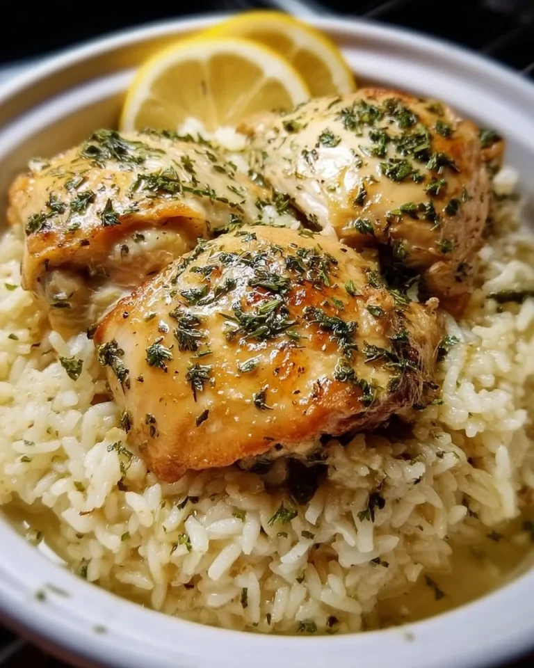 Slow Cooker Lemon Herb Chicken served with rice and garnished with herbs