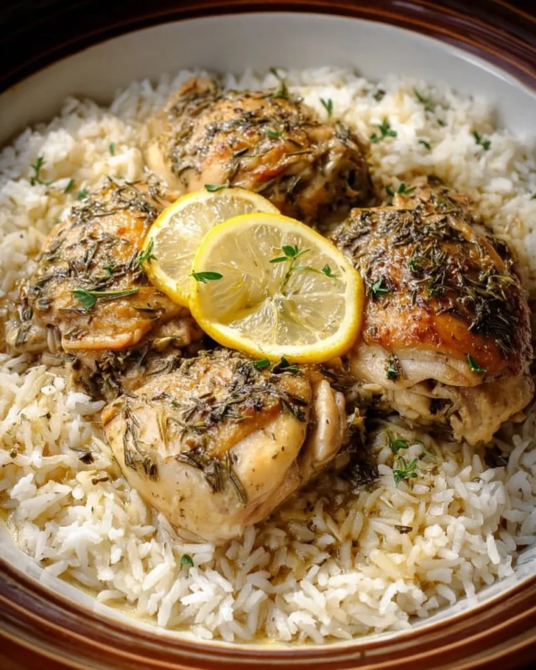 Slow Cooker Lemon Herb Chicken with fluffy rice served on a plate