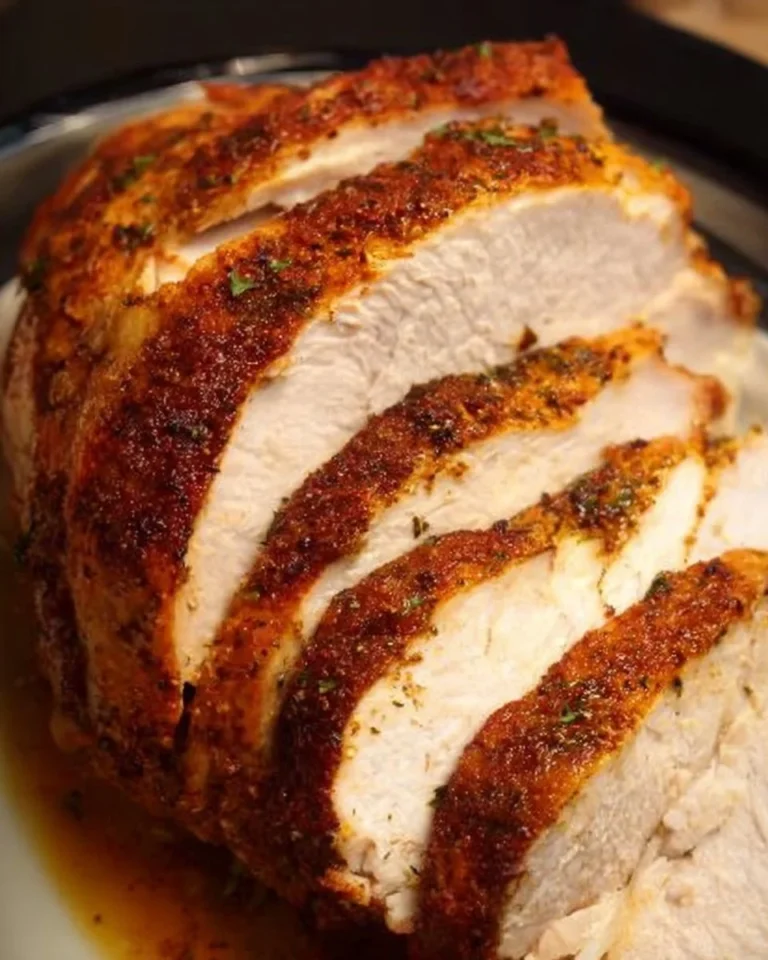 Slow cooker turkey breast served with herbs and spices on a plate.