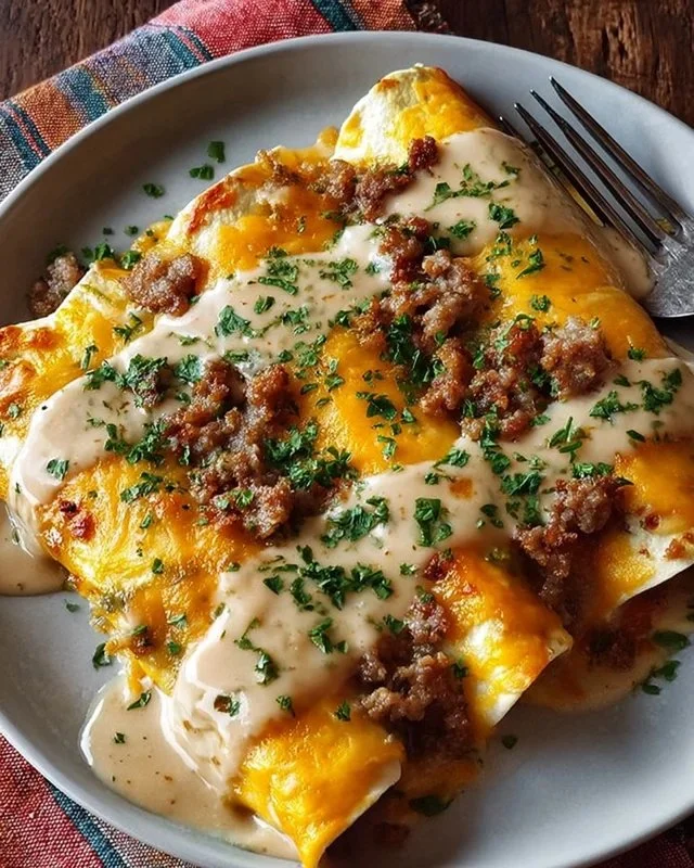 Delicious Southern breakfast enchiladas topped with creamy sausage gravy.