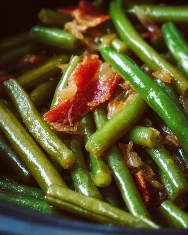 Southern Crockpot green beans cooking in a slow cooker