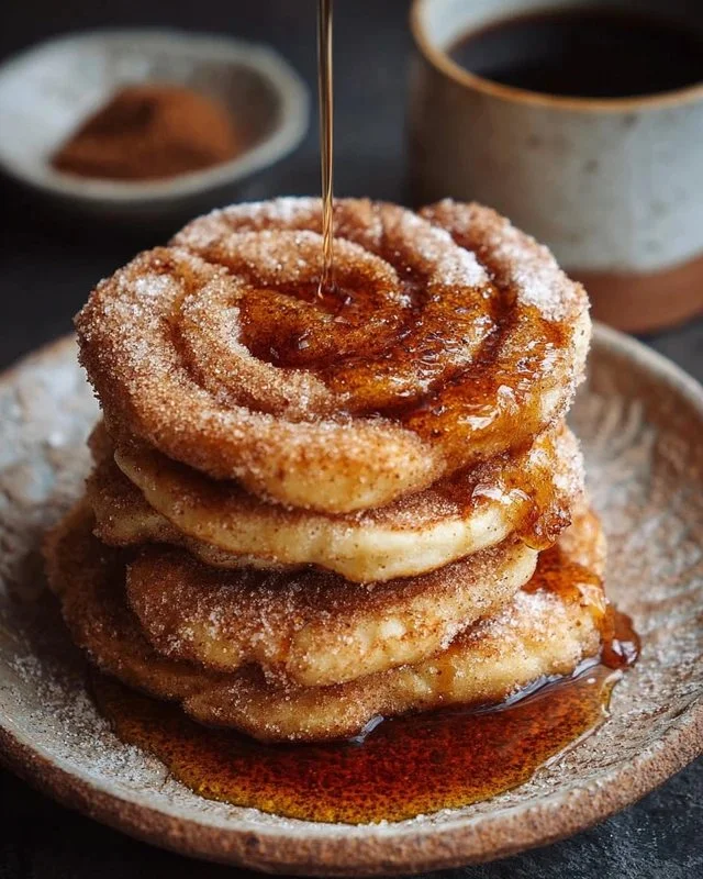 Delicious churro-inspired pancakes topped with cinnamon sugar and chocolate sauce