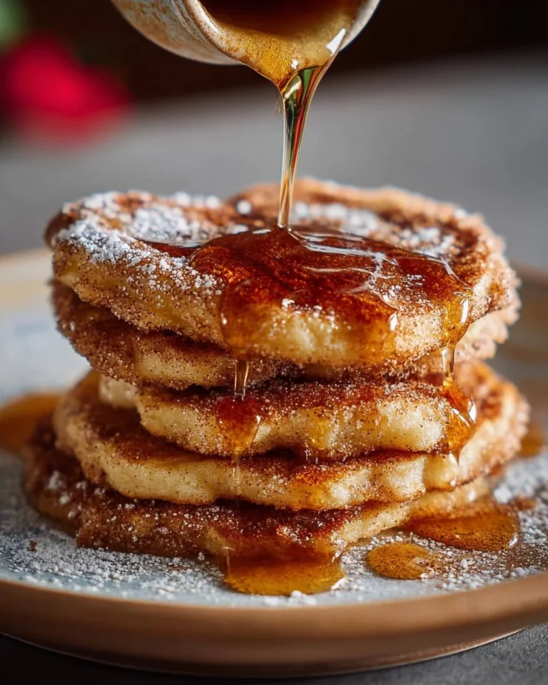 Fluffy Spanish churro pancakes drizzled with chocolate sauce and sprinkled with cinnamon sugar.