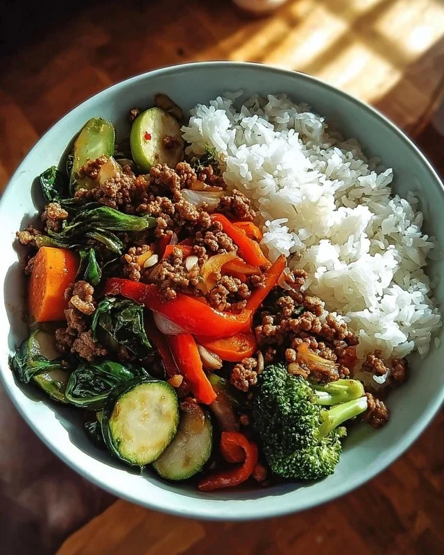 Spicy ground beef stir-fry bowl with garlic veggies and rice