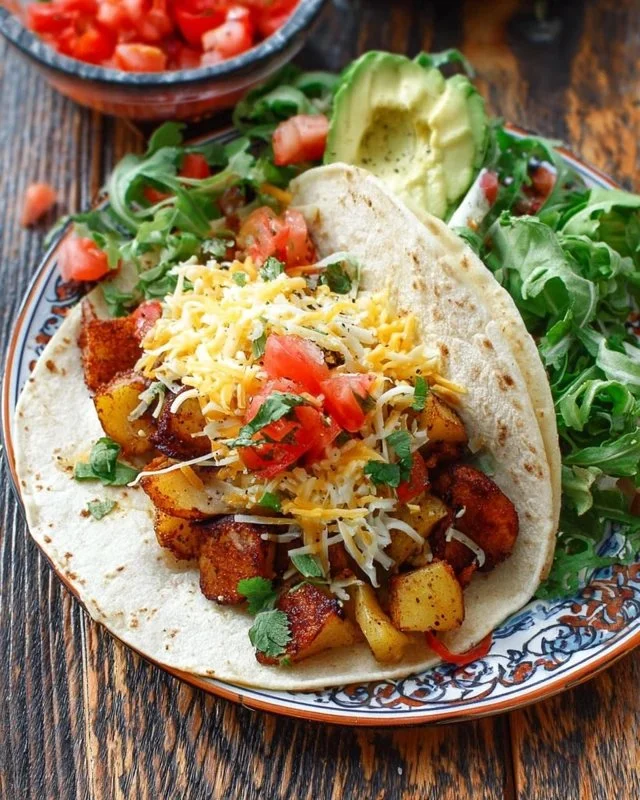 Spicy Potato Soft Taco topped with fresh ingredients on a plate