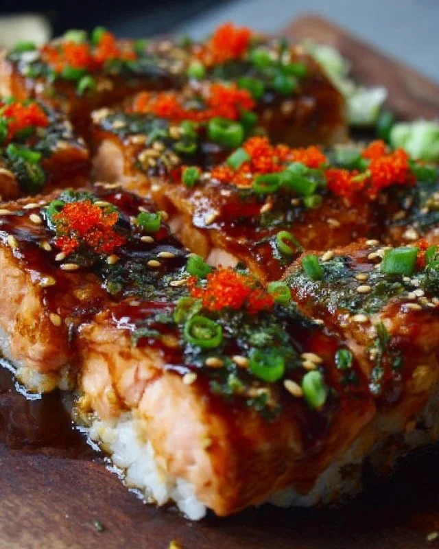 Baked spicy salmon sushi served on a plate with toppings