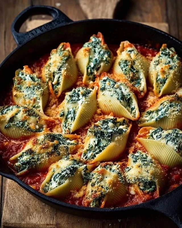 Spinach and Ricotta Stuffed Shells topped with marinara sauce and cheese
