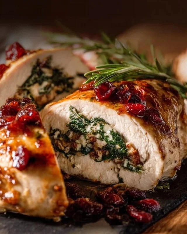 Spinach and cranberry stuffed chicken breasts on a plate