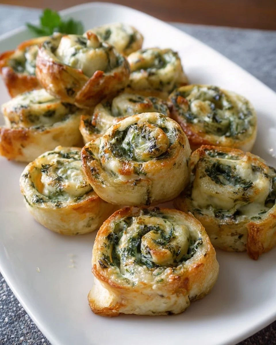 Spinach dip-filled pinwheels on a serving platter