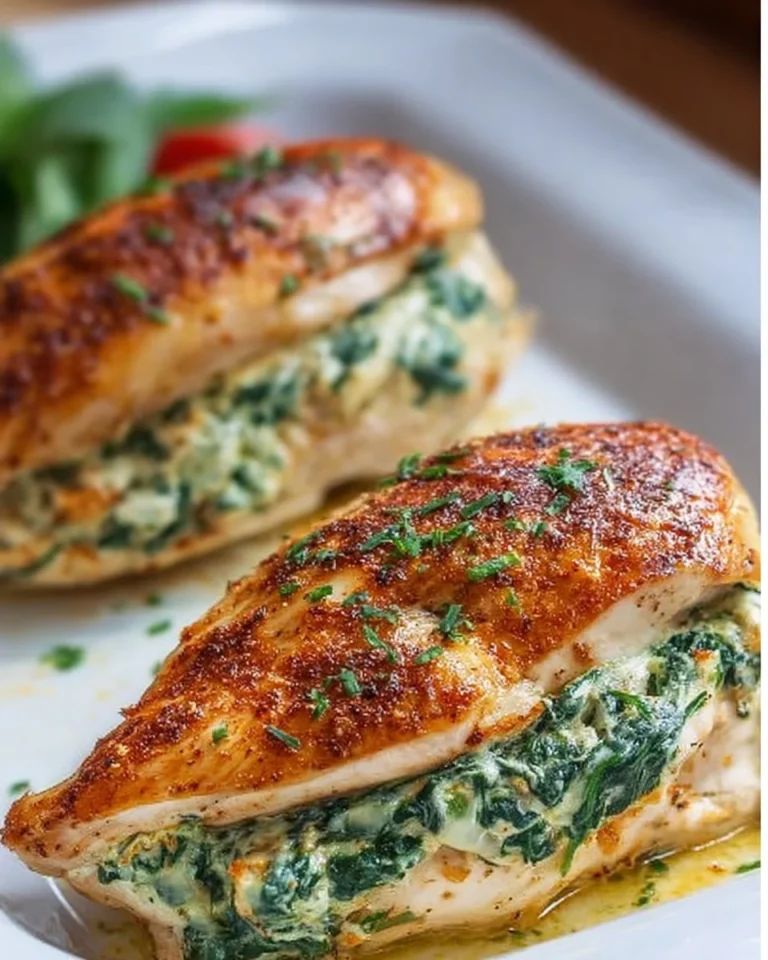 Delicious spinach stuffed chicken breasts served on a plate