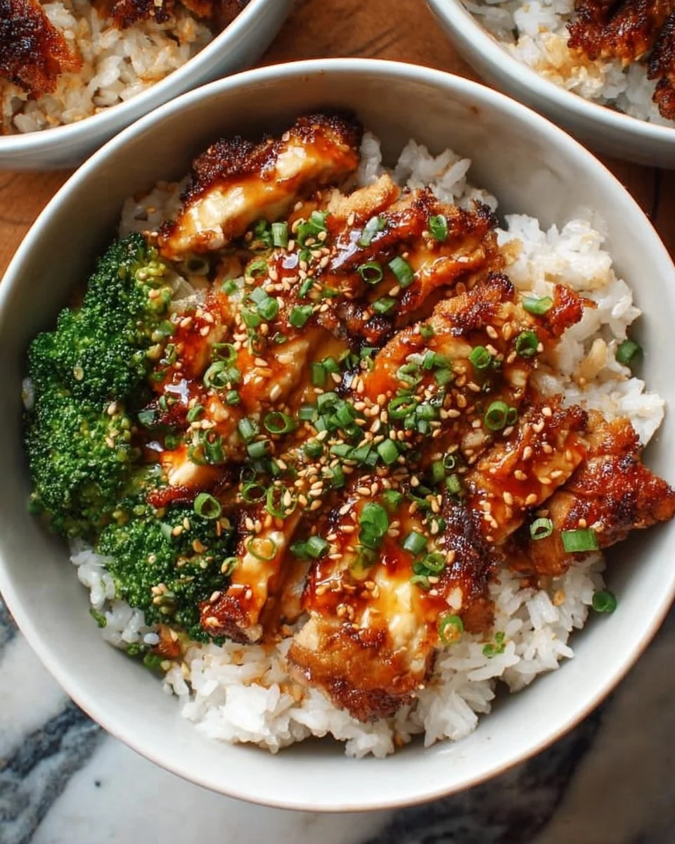 Delicious sticky chicken rice bowls topped with fresh herbs and spices.