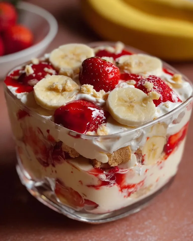 Delicious strawberry banana pudding layered with fresh strawberries and bananas
