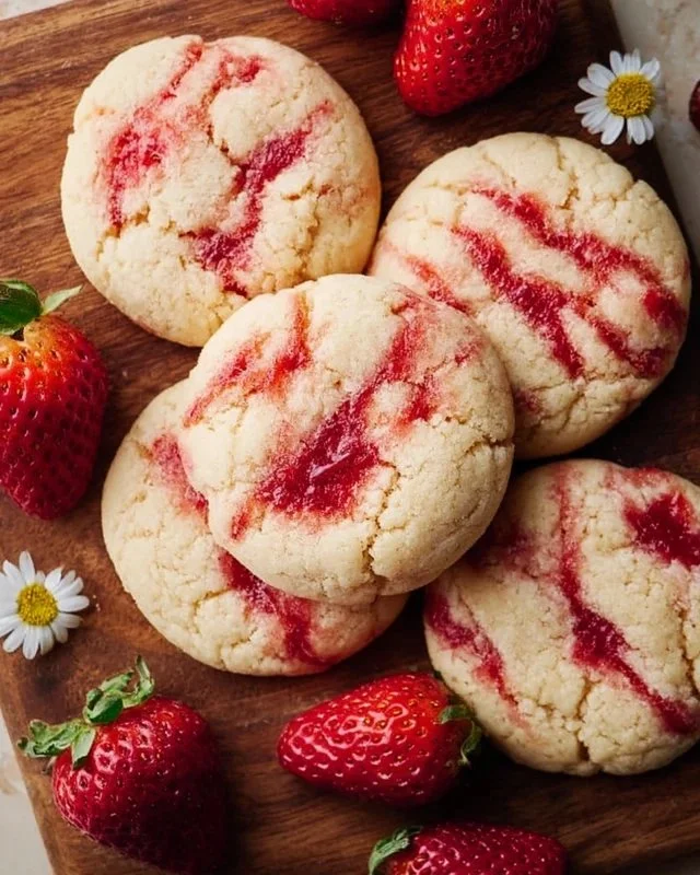 Freshly baked strawberry cheesecake cookies on a plate